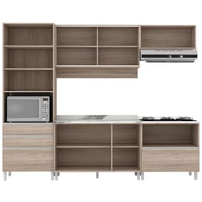 Cozinha Completa Bartira Amazonita com 9 Portas, 7 Prateleiras e 4 Gavetas - 271cm de largura - Carvalho