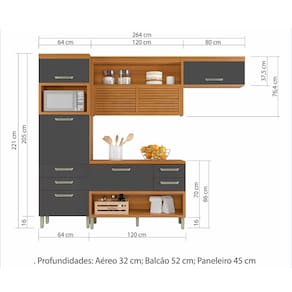 Cozinha Compacta Nesher Princesa com 5 Portas 5 Gavetas e 11 Prateleiras - 264cm de largura