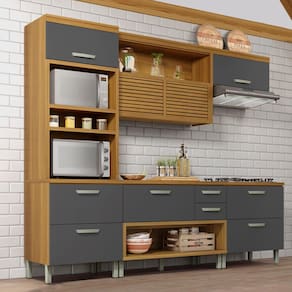 Cozinha Completa em MDF Nesher Princesa com 6 Portas 4 Gavetas e 12 Prateleiras - Freijo/Grafite 270cm