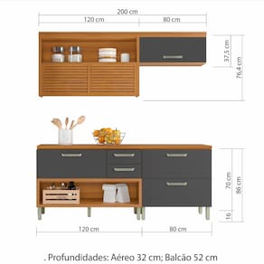 Cozinha Compacta Nesher Princesa com 4 Portas 3 Gavetas e 7 Prateleiras - 200cm de largura