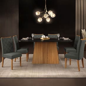 Mesa de Jantar Retangular DJ Móveis Raquel Plus com 6 Cadeiras Revestidas em Suede e Veludo