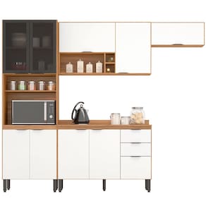 Cozinha Compacta Demóbile Firenze com Pia, 10 Portas, 2 Gavetas e 7 Prateleiras - 260cm de largura - Amêndola/Branco