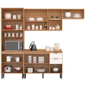 Cozinha Compacta Demóbile Firenze com Pia, 10 Portas, 2 Gavetas e 7 Prateleiras - 260cm de largura - Amêndola/Branco