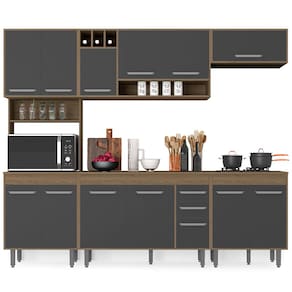 Cozinha Compacta Poliman Barcelona com 13 Portas, 2 Gavetas, 5 Prateleiras e Nicho para Micro-ondas - 258cm de largura