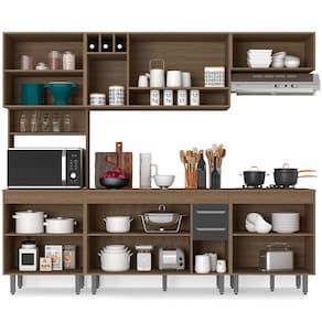 Cozinha Compacta Poliman Barcelona com 13 Portas, 2 Gavetas, 5 Prateleiras e Nicho para Micro-ondas - 258cm de largura