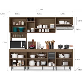 Cozinha Compacta Poliman Barcelona com 13 Portas, 2 Gavetas, 5 Prateleiras e Nicho para Micro-ondas - 258cm de largura