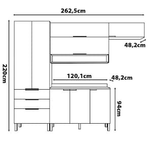 Cozinha Compacta Bartira Topázio UP com 8 Portas, 3 Gavetas e 5 Prateleiras - 262,5cm de largura