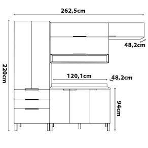 Cozinha Compacta Bartira Topázio UP com 8 Portas, 3 Gavetas e 5 Prateleiras - 262,5cm de largura
