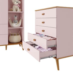 Guarda-Roupa Bartira Ternura com 5 Nichos, 2 Portas, 2 Gavetas + Cômoda Infantil Bartira Ternura com 5 Gavetas - Rosa Wood