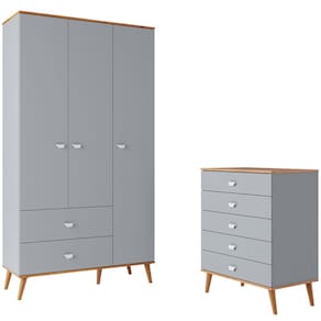 Guarda-Roupa Bartira Ternura com 3 Portas, 2 Gavetas + Cômoda Bartira Ternura com 5 Gavetas - Azul Wood
