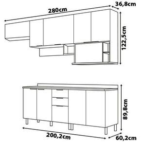Cozinha Completa Bartira Rubi com 9 Portas, 3 Gavetas e 5 Prateleiras - 280cm de largura