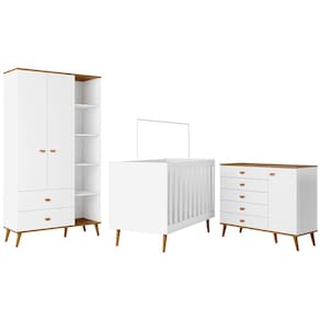 Guarda-Roupa Bartira Ternura com 5 Nichos, 2 Portas, 2 Gavetas + Cômoda Ternura com 5 Gavetas e 1 Porta + Berço Móveis Estrela Ternura - Branco Wood