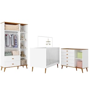Guarda-Roupa Bartira Ternura com 5 Nichos, 2 Portas, 2 Gavetas + Cômoda Ternura com 5 Gavetas e 1 Porta + Berço Móveis Estrela Ternura - Branco Wood