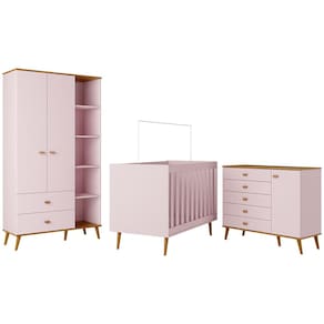 Guarda-Roupa Bartira Ternura com 5 Nichos, 2 Portas, 2 Gavetas + Cômoda Ternura com 5 Gavetas e 1 Porta + Berço Móveis Estrela Ternura