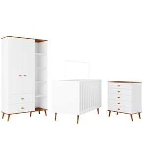 Guarda-Roupa Infantil Bartira Ternura com 5 Nichos, 2 Portas, 2 Gavetas + Cômoda Ternura com 5 Gavetas + Berço Móveis Estrela Ternura - Branco Wood