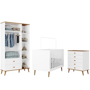 Guarda-Roupa Infantil Bartira Ternura com 5 Nichos, 2 Portas, 2 Gavetas + Cômoda Ternura com 5 Gavetas + Berço Móveis Estrela Ternura - Branco Wood