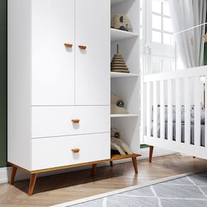 Guarda-Roupa Infantil Bartira Ternura com 5 Nichos, 2 Portas, 2 Gavetas + Cômoda Ternura com 5 Gavetas + Berço Móveis Estrela Ternura - Branco Wood