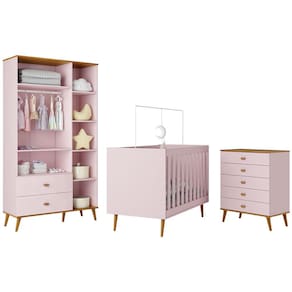 Guarda-Roupa Bartira Ternura com 5 Nichos, 2 Portas, 2 Gavetas + Cômoda Bartira com 5 Gavetas + Berço Móveis Estrela Ternura - Rosa Wood