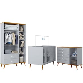 Guarda-Roupa Bartira Ternura com 5 Nichos, 2 Portas, 2 Gavetas + Cômoda Ternura com 5 Gavetas e 1 Porta + Berço Móveis Estrela Ternura