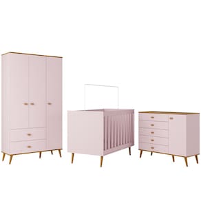 Guarda-Roupa Bartira Ternura com 3 Portas, 2 Gavetas + Cômoda Ternura com 5 Gavetas e 1 Porta + Berço Móveis Estrela Ternura - Rosa Wood
