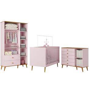 Guarda-Roupa Bartira Ternura com 3 Portas, 2 Gavetas + Cômoda Ternura com 5 Gavetas e 1 Porta + Berço Móveis Estrela Ternura - Rosa Wood