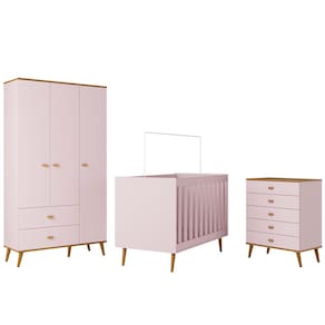 Guarda-Roupa Bartira Ternura com 3 Portas, 2 Gavetas + Cômoda Ternura com 5 Gavetas + Berço Mini Cama Móveis Estrela Ternura - Rosa Wood