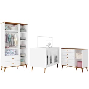 Guarda-Roupa Bartira Ternura com 3 Portas, 2 Gavetas + Cômoda Ternura com 5 Gavetas e 1 Porta + Berço Mini Cama Móveis Estrela Ternura