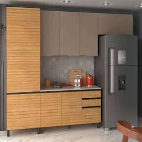 Cozinha Compacta Bartira Cristal com 8 Portas, 3 Gavetas e 9 Prateleiras - 260cm de largura - Lâmina Mel/Nude