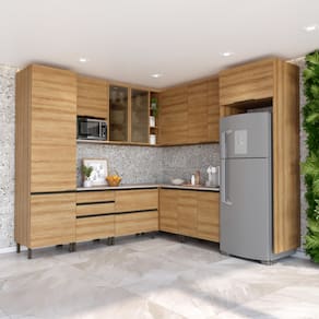 Cozinha Bartira Cristal com 14 Portas, 3 Gavetas, 13 Prateleiras e Nicho para Micro-ondas - 301,8cm de largura - Lâmina Mel