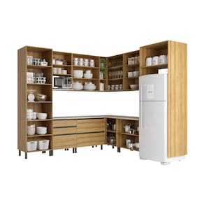 Cozinha Bartira Cristal com 14 Portas, 3 Gavetas, 13 Prateleiras e Nicho para Micro-ondas - 301,8cm de largura - Lâmina Mel