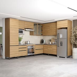 Cozinha Bartira Cristal com 15 Portas, 3 Gavetas, 13 Prateleiras e Nicho para Forno e Micro-ondas - 762,8cm de largura - Lâmina Mel