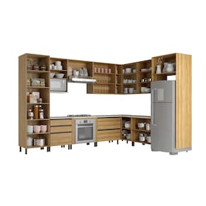 Cozinha Bartira Cristal com 15 Portas, 3 Gavetas, 13 Prateleiras e Nicho para Forno e Micro-ondas - 762,8cm de largura - Lâmina Mel