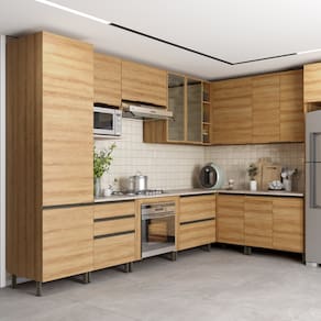 Cozinha Bartira Cristal com 15 Portas, 3 Gavetas, 13 Prateleiras e Nicho para Forno e Micro-ondas - 762,8cm de largura - Lâmina Mel