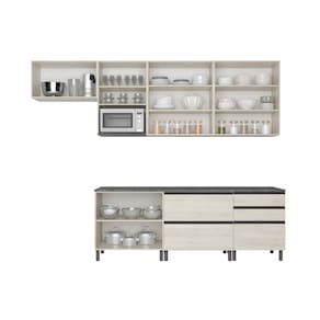 Cozinha Bartira Cristal com 10 Portas, 3 Gavetas, 5 Prateleiras e Nicho para Micro-ondas - 240cm de largura - Freixo