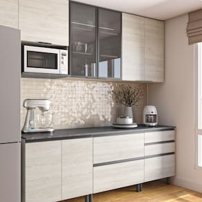 Cozinha Bartira Cristal com 10 Portas, 3 Gavetas, 5 Prateleiras e Nicho para Micro-ondas - 240cm de largura - Freixo