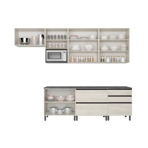Cozinha Bartira Cristal com 10 Portas, 3 Gavetas, 5 Prateleiras e Nicho para Micro-ondas - 240cm de largura - Freixo/Azul