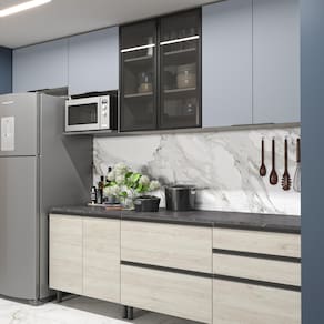 Cozinha Bartira Cristal com 10 Portas, 3 Gavetas, 5 Prateleiras e Nicho para Micro-ondas - 240cm de largura - Freixo/Azul