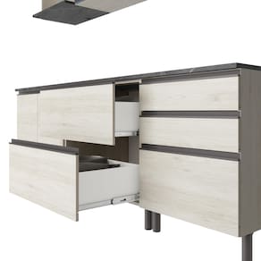 Cozinha Bartira Cristal com 10 Portas, 3 Gavetas, 5 Prateleiras e Nicho para Micro-ondas - 240cm de largura - Freixo/Azul