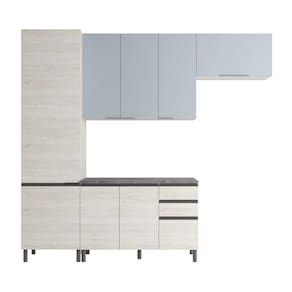 Cozinha Bartira Cristal com 8 Portas, 3 Gavetas e 9 Prateleiras - 260cm de largura - Freixo/Azul
