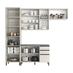 Cozinha Bartira Cristal com 8 Portas, 3 Gavetas e 9 Prateleiras - 260cm de largura - Freixo/Azul