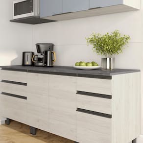 Cozinha Bartira Cristal com 7 Portas, 6 Gavetas, 4 Prateleiras e Nicho para Micro-ondas - 260cm de largura - Freixo/Azul