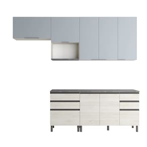 Cozinha Bartira Cristal com 7 Portas, 6 Gavetas, 4 Prateleiras e Nicho para Micro-ondas - 260cm de largura - Freixo/Azul