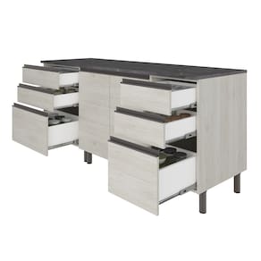 Cozinha Bartira Cristal com 7 Portas, 6 Gavetas, 4 Prateleiras e Nicho para Micro-ondas - 260cm de largura - Freixo/Azul