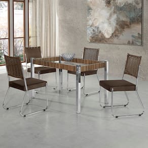 Mesa de Jantar Aço Nobre Claudia com Tampo Kanon e 4 Cadeiras - Cromado/Nogal/Chocolate/Marrom