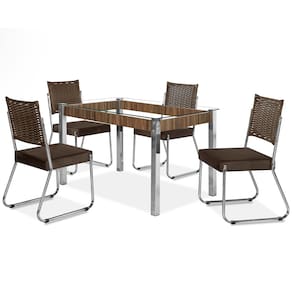 Mesa de Jantar Aço Nobre Claudia com Tampo Kanon e 4 Cadeiras - Cromado/Nogal/Chocolate/Marrom