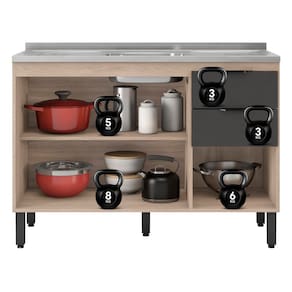 Balcão Demóbile Firenze com 3 Portas, 2 Gavetas e 1 Prateleira + Pia para Cozinha Ghelplus King com Válvula - 120x53cm