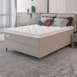 Cama Box Casal Umaflex Milão com Revestimento em Malha + Colchão com Euro Pillow e Molas Ensacadas 30x138x188cm – Bege e Branca