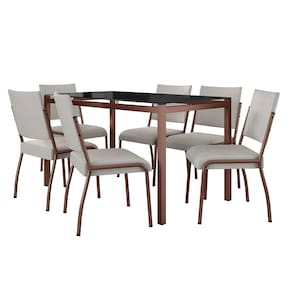 Mesa de Jantar Retangular Fabone Alexa Tampo de Vidro 140x80cm com 6 Cadeiras Dora Revestidas em Courino