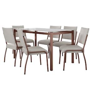 Mesa de Jantar Retangular Fabone Alexa Tampo de Vidro 140x80cm com 6 Cadeiras Dora Revestidas em Courino