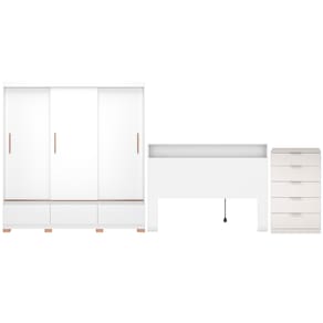 Guarda-Roupa Bartira Monza com 3 Portas de Correr e 3 Gavetas + Cômoda Versatti com 5 Gavetas + Cabeceira para Cama Box Casal Versatti com Tomada